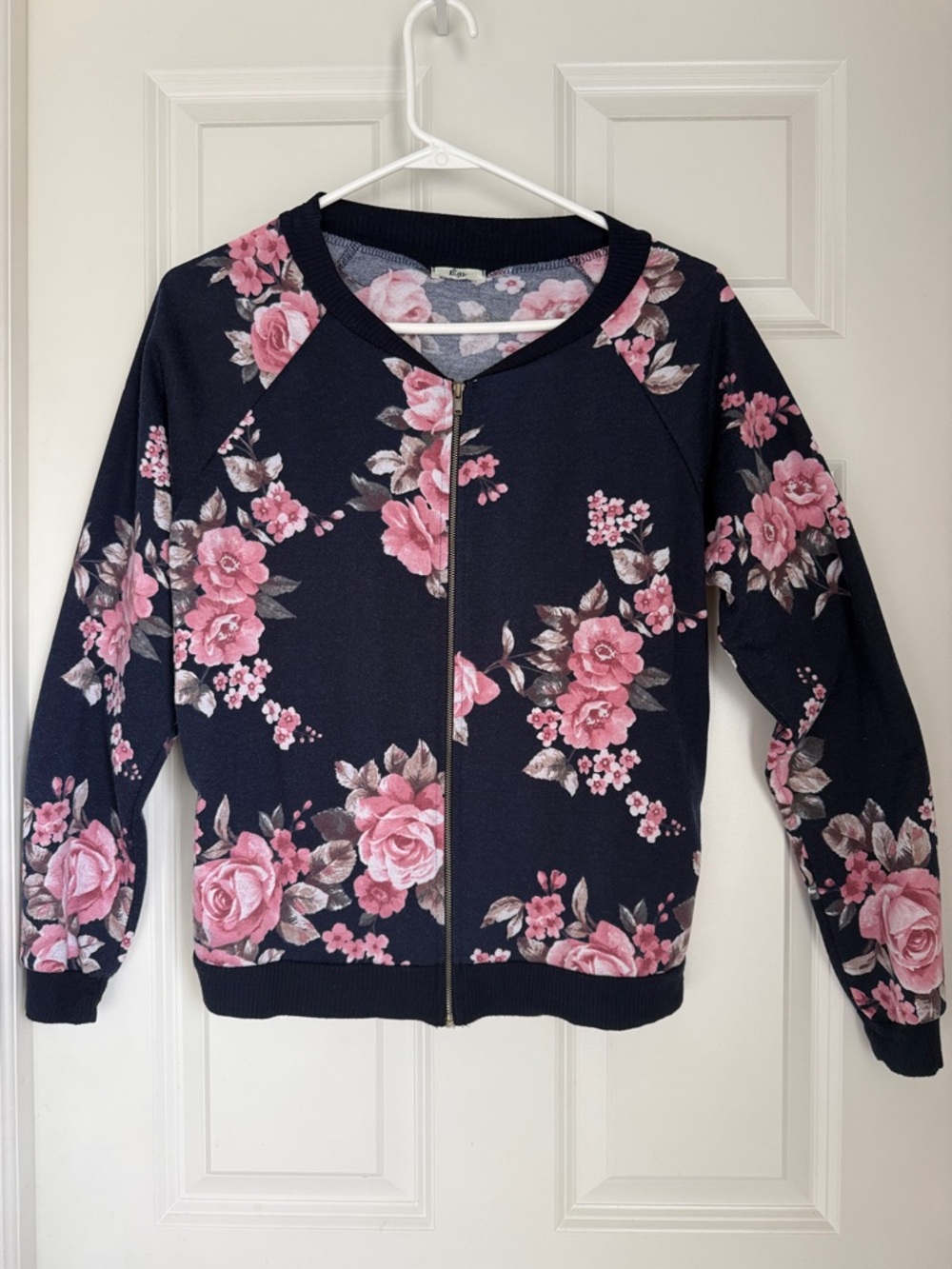 Women's Navy Floral Bomber Jacket - Pink Rose Print